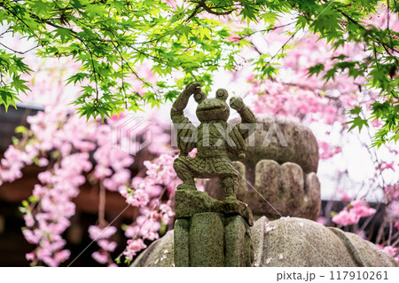 Cute Frog statue with pink cherry sakura at Nyoirinji Temple, Ogori 117910261