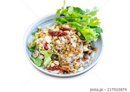 Top view of Spicy Vermicelli mixed pork salad, focus selective Top view of Spicy Vermicelli mixed pork salad, focus selective 117910874