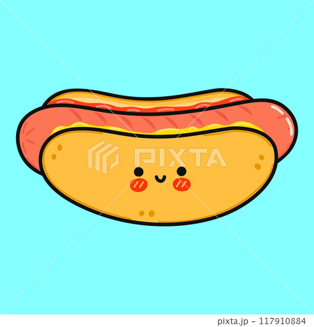 Hot dog character. Vector hand drawn cartoon kawaii character illustration icon. Isolated on blue background. Hot dog character concept Hot dog character. Vector hand drawn cartoon kawaii character illustration icon. Isolated on blue background. Hot dog character concept 117910884