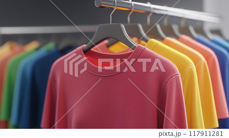 Colorful T-Shirts on a Rack 117911281