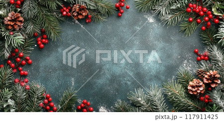 Festive christmas background with pine cones and red berries for small business saturday promotions 117911425