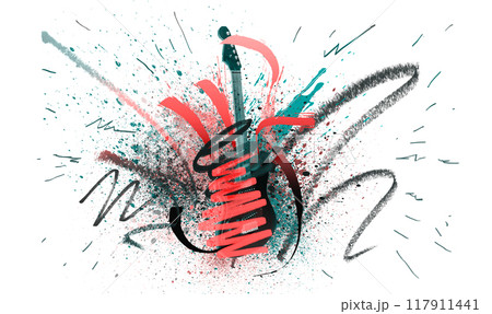 Creative rainbow musical design. Decoration element with white guitar silhouette and rainbow paint splashes Creative rainbow musical design. Decoration element with white guitar silhouette and rainbow paint splashes 117911441