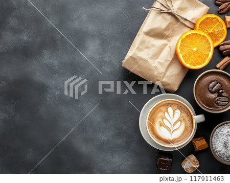 Small business saturday coffee and citrus setup: cozy top-view background for retail promotions 117911463