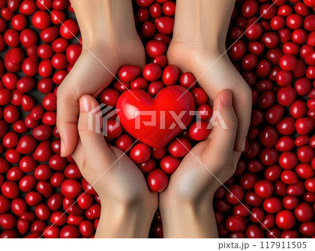 Giving tuesday heart shape made of hands holding red candy for charitable holiday background 117911505