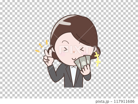 Business woman happy with a stack of bills 117911686