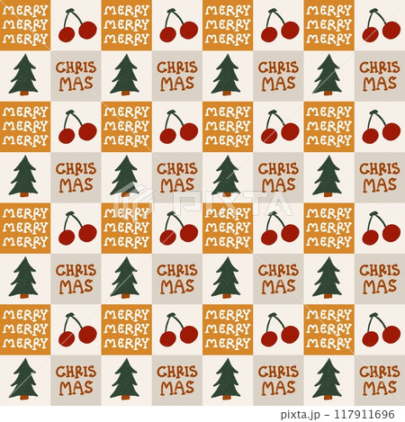 seamless pattern with fir trees, cherry and merry Christmas 117911696