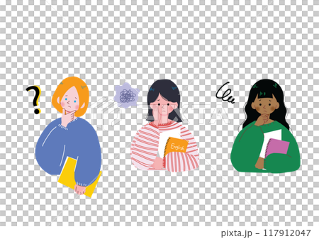 一個國際學生女孩思考憂慮的插圖集 一個國際學生女孩思考憂慮的插圖集 117912047