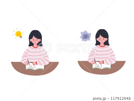 勉強中に悩んで閃く女の子のイラストセット 117912048