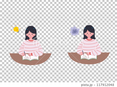 Illustration set of a girl who is troubled and has an idea while studying 117912048