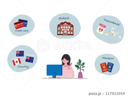 パソコンで留学準備について調べる女の子のイラスト 117912054