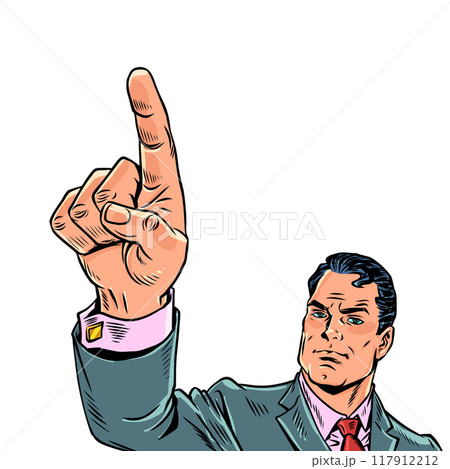 Pop Art Retro A man in a suit points with his finger. Growth in company earnings and shares. New ideas and proposals for a businessman. 117912212