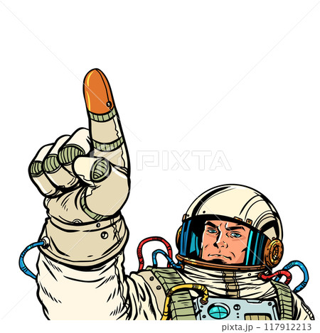 Pop Art Retro The astronaut points with his index finger. Reaching forward to the stars Setting and completing tasks. 117912213