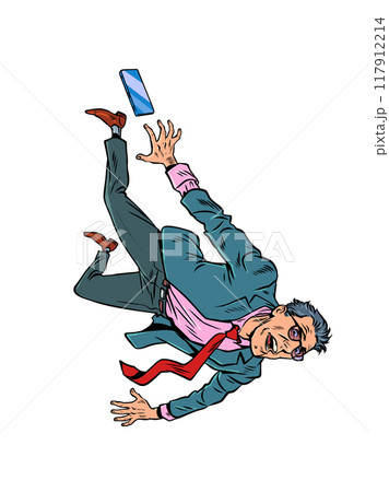 Pop Art Retro A man in a suit falls down. The collapse of a business and company due to the crisis. Destroyed career and reputation 117912214