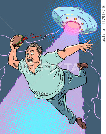 Pop Art Retro An ordinary man with a burger is kidnapped by aliens. Invasion of extraterrestrial forces on earth. Funny fast food delivery banner. Pop Art Retro An ordinary man with a burger is kidnapped by aliens. Invasion of extraterrestrial forces on earth. Funny fast food delivery banner. 117912216