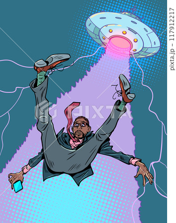 Pop Art Retro An office worker gets hit by a flying saucer. Alien invasion of earth. Exploration of extraterrestrial life in space. 117912217