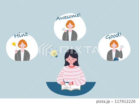 勉強を頑張る女の子と応援する英会話教師 117912226