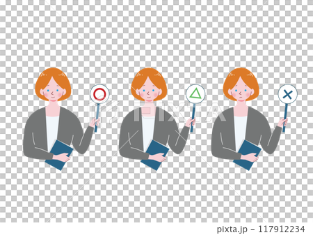 Illustration of a Caucasian woman holding a correct answer panel Illustration of a Caucasian woman holding a correct answer panel 117912234