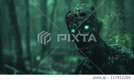 Zombi monster in swamp. Creepy marsh halloween character. Green zombie face. Forest horror man 117912260