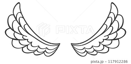 Wings doodle. Angel symbol. Bird feathers icon 117912286