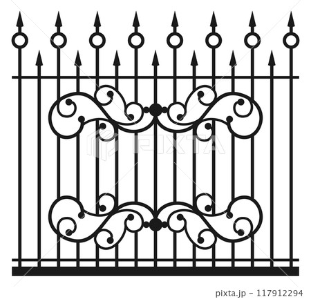 Ornate classic wrought fence. Black iron railing 117912294