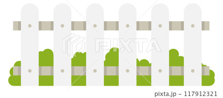 Green bushes behind white wooden fence color icon 117912321