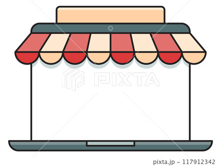 Web store color icon. Laptop screen with shop awning Web store color icon. Laptop screen with shop awning 117912342