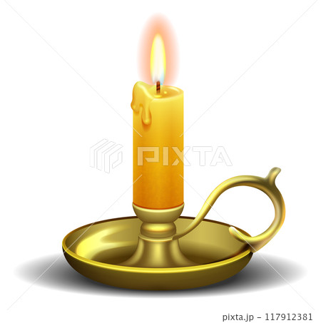 Candle in bronze candlestick. Realistic fire flame light 117912381