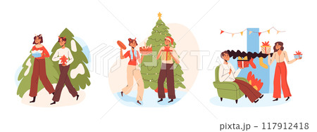 Christmas party celebration. People celebrate xmas winter holidays, family and friends winter activities flat vector illustration set. Cartoon Christmas celebrating scenes 117912418