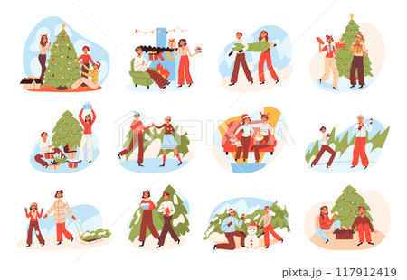Christmas people. Characters celebrating winter holidays, decorating xmas tree and giving xmas gifts flat vector illustration set. Family Christmas festive scenes Christmas people. Characters celebrating winter holidays, decorating xmas tree and giving xmas gifts flat vector illustration set. Family Christmas festive scenes 117912419