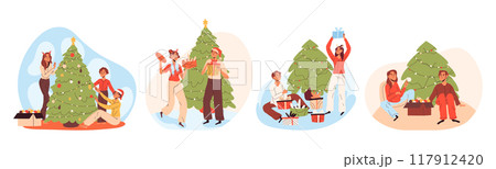 Christmas winter holidays celebration. Xmas eve party preparation, family and friends winter activities flat vector illustration set. Cartoon Christmas celebrating characters 117912420