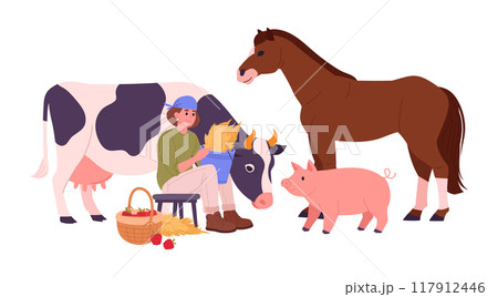 Woman feed farm animals. Country worker with cute cow, horse and piglet, female character take care of domestic animals flat vector illustration. Farmer doing farming job 117912446