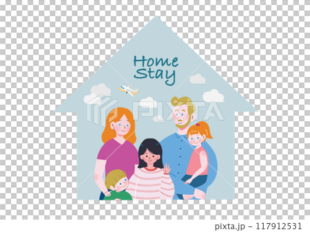 ホームステイ先の家族と留学生のイラスト 117912531