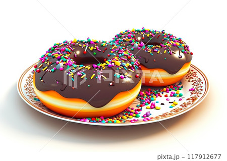 Richly Adorned Chocolate-Glazed Doughnuts on an Ornate Plate, Showcasing Delectable Craftsmanship and Festive Appeal Richly Adorned Chocolate-Glazed Doughnuts on an Ornate Plate, Showcasing Delectable Craftsmanship and Festive Appeal 117912677