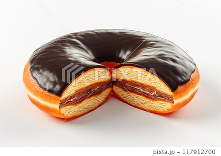 Perfectly Sliced Chocolate-Glazed Donut with a Central Hole, Ideal for Festive Bakery Displays Perfectly Sliced Chocolate-Glazed Donut with a Central Hole, Ideal for Festive Bakery Displays 117912700