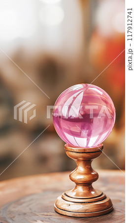 A pink crystal ball on a wooden, high stand stands on a wooden table, the background is blurred. Copy space. 117912741