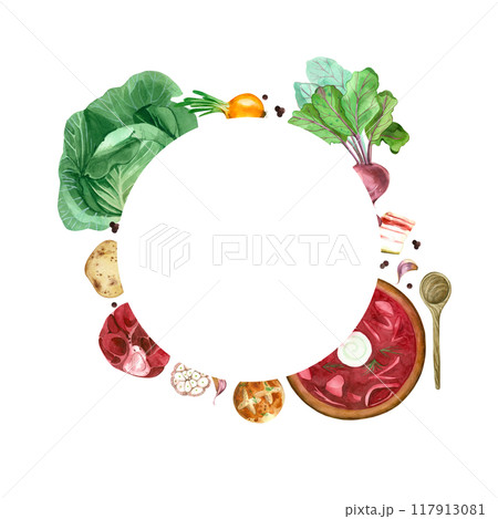 Cooking recipe, red borscht, vegetables, potatoes, carrots, garlic bun, lard, meat, all objects are hand-drawn with watercolors. Watercolor illustration. For printing recipes, in books and menus. Cooking recipe, red borscht, vegetables, potatoes, carrots, garlic bun, lard, meat, all objects are hand-drawn with watercolors. Watercolor illustration. For printing recipes, in books and menus. 117913081