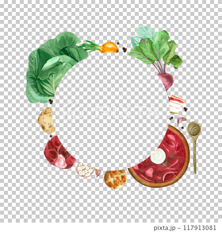 Cooking recipe, red borscht, vegetables, potatoes, carrots, garlic bun, lard, meat, all objects are hand-drawn with watercolors. Watercolor illustration. For printing recipes, in books and menus. Cooking recipe, red borscht, vegetables, potatoes, carrots, garlic bun, lard, meat, all objects are hand-drawn with watercolors. Watercolor illustration. For printing recipes, in books and menus. 117913081