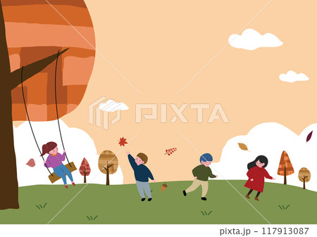 秋空の下で遊ぶ子供たちの風景イラスト 117913087