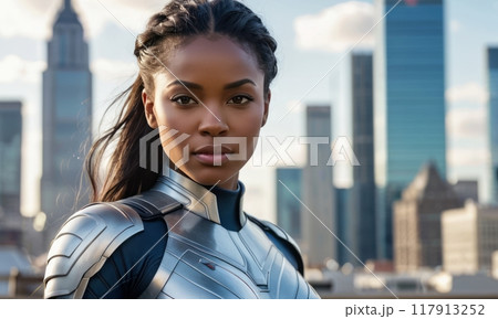 A woman in a silver superhero suit stands with confidence in an urban setting, with the city skyline in the background. The image captures strength and modern heroism. A woman in a silver superhero suit stands with confidence in an urban setting, with the city skyline in the background. The image captures strength and modern heroism. 117913252