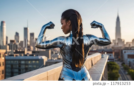 A woman in a silver superhero suit stands confidently on a rooftop, overlooking a city skyline. The scene emphasizes power, confidence, and modern style. 117913253