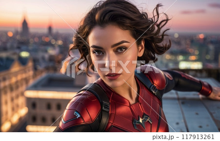 A woman in a red superhero suit strikes an action pose on a rooftop with the city below her. The image captures dynamic energy and determination. 117913261