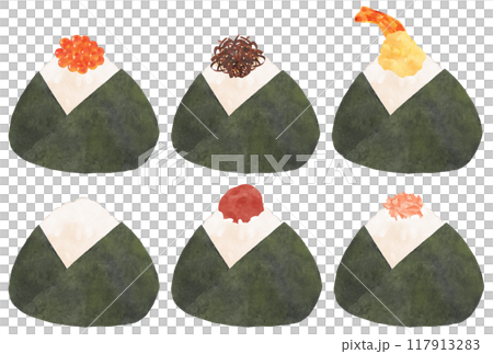 A set of rice balls wrapped in seaweed seen from an angle, watercolor touch A set of rice balls wrapped in seaweed seen from an angle, watercolor touch 117913283