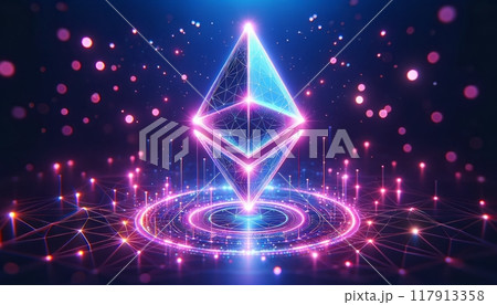 A glowing digital representation of the Ethereum symbol surrounded by lights and circuits, symbolizing the blockchain network. The image highlights the innovative nature of cryptocurrency. A glowing digital representation of the Ethereum symbol surrounded by lights and circuits, symbolizing the blockchain network. The image highlights the innovative nature of cryptocurrency. 117913358