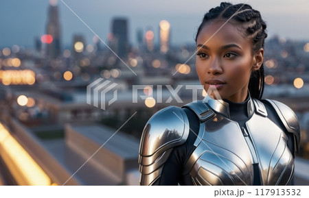 A determined woman in a sleek silver superhero suit stands on a rooftop, overlooking a vibrant city at dusk. Her strong stance and focused gaze highlight her readiness for action. A determined woman in a sleek silver superhero suit stands on a rooftop, overlooking a vibrant city at dusk. Her strong stance and focused gaze highlight her readiness for action. 117913532