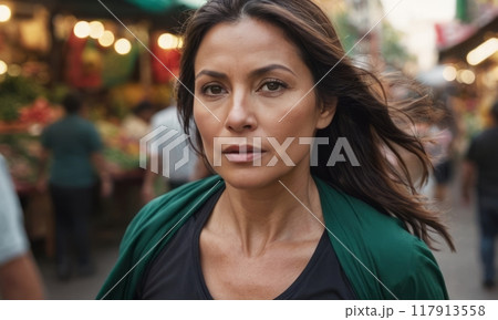 A woman with brown hair walks through a busy urban market, her expression serious and focused. The lively atmosphere contrasts with her determined demeanor as she navigates the crowd. A woman with brown hair walks through a busy urban market, her expression serious and focused. The lively atmosphere contrasts with her determined demeanor as she navigates the crowd. 117913558