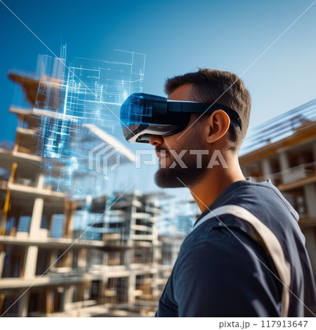 A man wearing VR glasses observes a digital blueprint of a building. The background shows an under-construction site with structures and scaffolding. 117913647