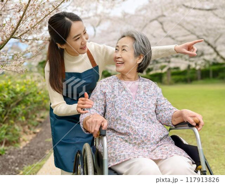 車椅子のシニアと介護士 117913826