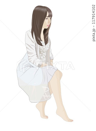 椅子に座り見つめる若い女性イラスト 117914102