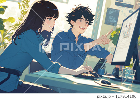 図面を見ながら話し合うエンジニア男女_1 図面を見ながら話し合うエンジニア男女_1 117914106