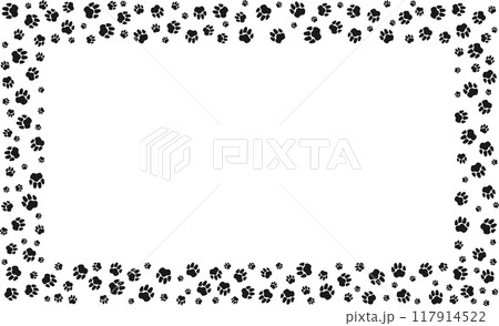 Rectangular pet paw print frame with blank space for text and images. Black silhouette track of dog or cat paw prints. Frame with paw prints of pets for decoration of shop windows, websites, etc. 117914522